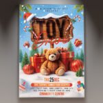 A professional Toy Drive Party 2027 Flyer PSD Template featuring dynamic club lights, celebratory effects, and prominent images of toys/gifts, conveying a high-energy charitable event.