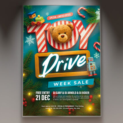A professional Toy Drive Sale Flyer Template featuring bright sale banners, wrapped gifts, and cheerful toys, conveying a promotional event linked to a charitable collection.