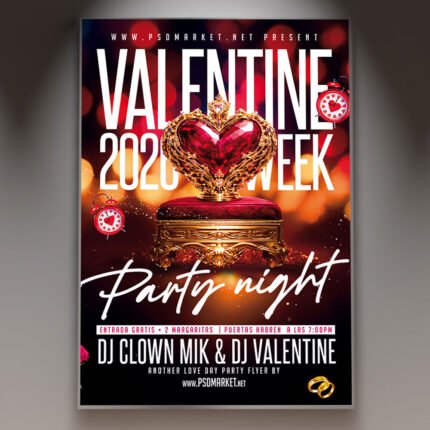A professional Valentine Week Party PSD Template featuring 3D heart elements, soft glowing light effects, and a modern layout for multi-day event promotion.