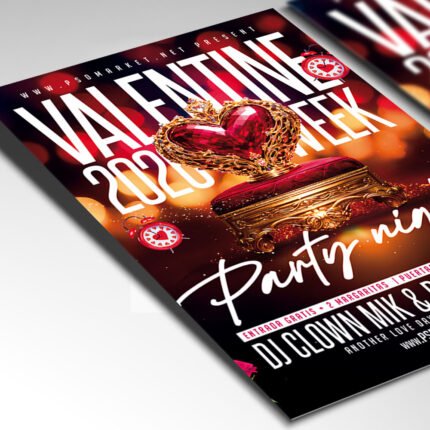 A customizable holiday party flyer showcasing a rich red and gold color palette with organized layers for promoting a week of romantic celebrations.