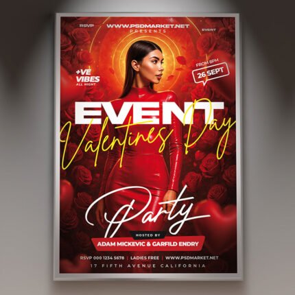 A professional Valentine's Day Event 2026 PSD Template featuring 3D romantic elements, vibrant crimson lighting, and modern 2026 typography.