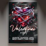 A professional Valentine's Night Black 2026 Flyer PSD Template featuring deep black textures, elegant silver heart outlines, and sharp 2026 typography.