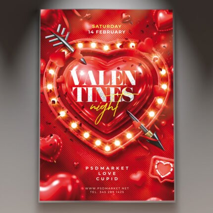 A professional Valentine's Night Cool 2026 Flyer PSD Template featuring neon purple heart graphics, urban textures, and bold futuristic 2026 typography.