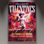 A professional Valentine's Night Party 2027 Flyer Template featuring romantic red and pink colors, hearts, elegant lighting, and the bold year '2027', conveying a sophisticated Valentine's Day club event.