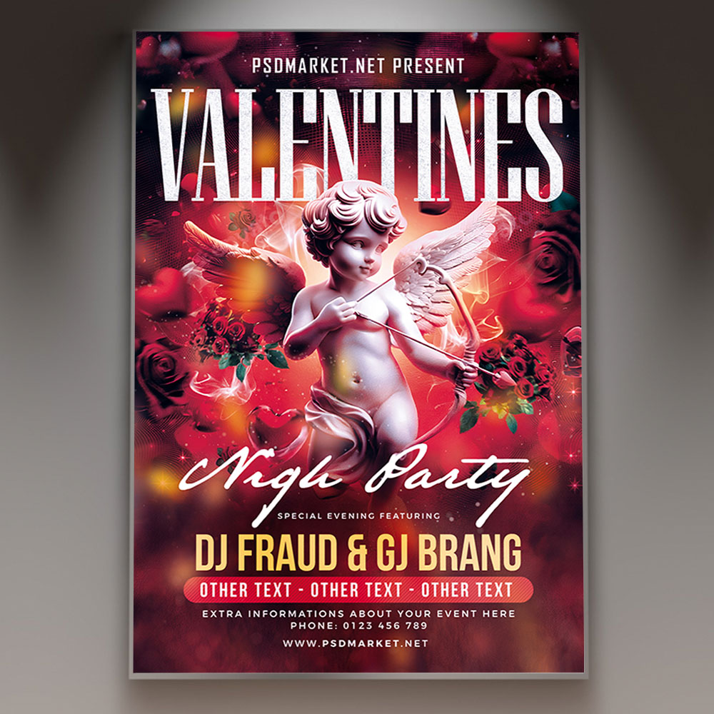 valentines_night_party_2027_flyer_template_1 A professional Valentine's Night Party 2027 Flyer Template featuring romantic red and pink colors, hearts, elegant lighting, and the bold year '2027', conveying a sophisticated Valentine's Day club event.