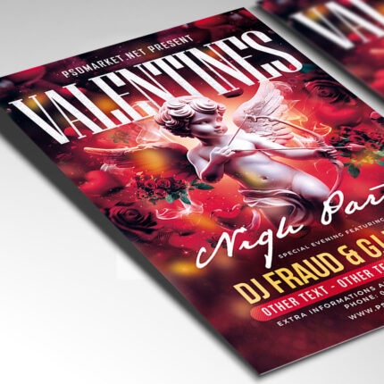 A customizable flyer designed for a February 14th party, showcasing stylish, passionate typography and a color palette of deep red, hot pink, and metallic gold, perfect for a high-impact romantic promotion.
