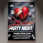 A professional Valentine's Party Night PSD Template featuring 3D red heart elements, vibrant neon pink lighting, and bold club-style typography.