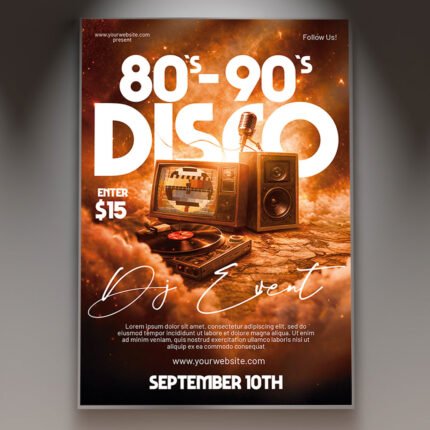 A professional 80 90 Party Disco Flyer PSD Template featuring a 3D disco ball, vibrant neon geometric patterns, and classic retro icons.