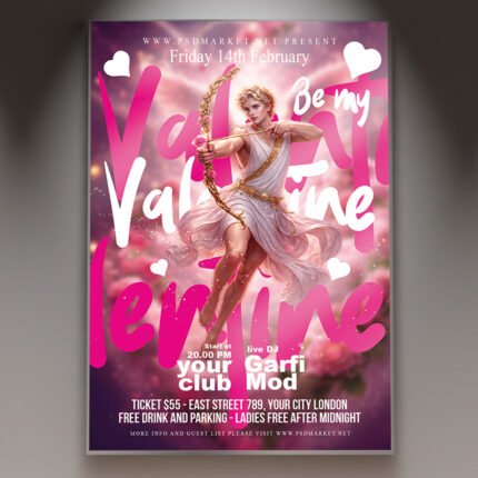 A professional Be My Valentine Flyer PSD Template featuring elegant 3D roses, soft gold bokeh lighting, and sophisticated script typography.