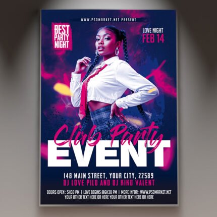 A professional Club Party Flyer PSD Template featuring high-definition 3D speaker graphics, electric neon light trails, and bold modern typography for 2026.