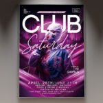 A professional Club Saturday Flyer PSD Template featuring 3D audio gear, vibrant neon light trails, and bold modern typography for a peak-time weekend event.