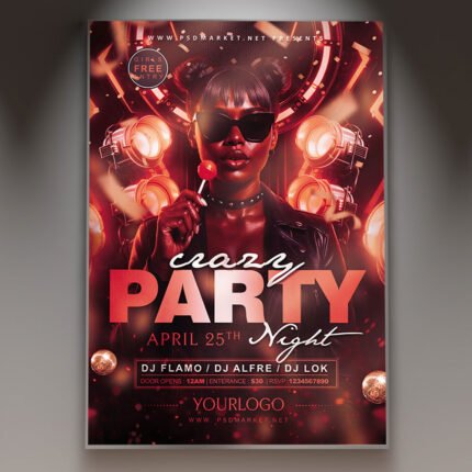A professional Crazy Event Night Flyer Template featuring explosive 3D graphic elements, vibrant neon lighting, and bold distorted typography for a wild club night.