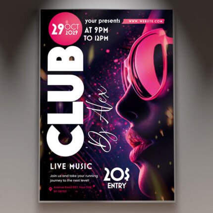 A professional DJ Club Music Flyer Template featuring 3D headphones, high-intensity neon light trails, and modern club-style typography for 2026.