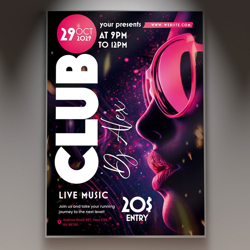 dj_club_music_flyer_template_1 A professional DJ Club Music Flyer Template featuring 3D headphones, high-intensity neon light trails, and modern club-style typography for 2026.