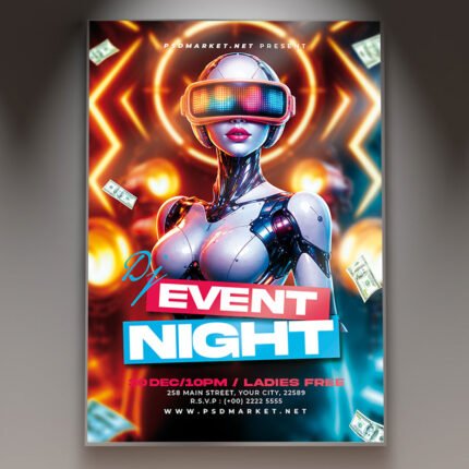 A professional DJ Event Night 2026 Flyer Template featuring high-contrast neon lighting, 3D speaker elements, and bold futuristic typography.