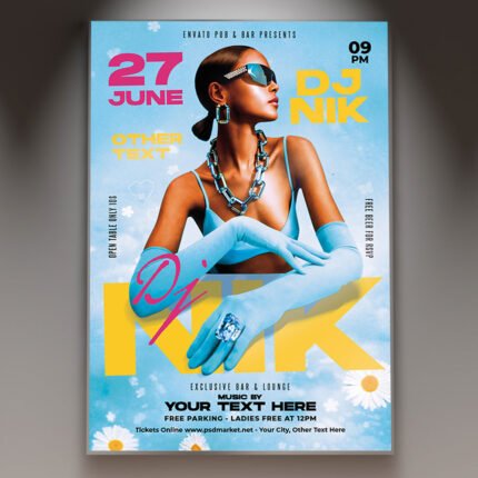 A professional DJ Night 2026 Flyer Template featuring 3D turntables, vibrant neon light trails, and bold modern typography for a nightclub event.