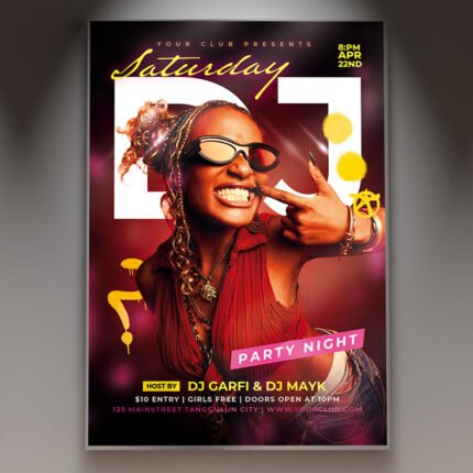 A professional DJ Saturday 2026 Flyer Template featuring 3D audio speakers, electric blue neon lighting, and bold modern typography for a nightclub event.