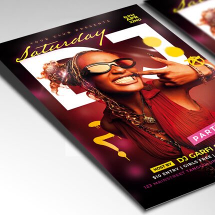 A customizable high-energy Saturday night flyer showcasing a vibrant gold and obsidian color palette with professional club lighting effects.