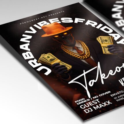 A customizable high-energy music flyer showcasing an electric blue and amber color palette with professional-grade club lighting effects.