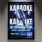 A professional Karaoke Night 2026 Flyer PSD Template featuring a 3D silver microphone, neon pink and blue glow effects, and a shimmering disco ball.