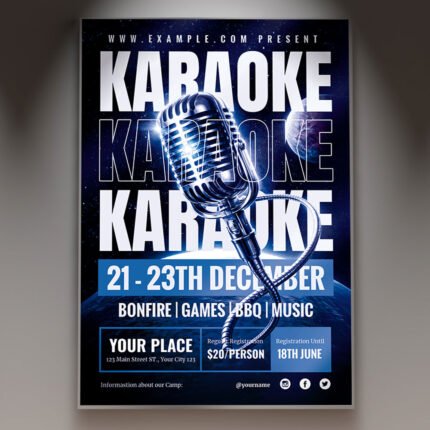 A professional Karaoke Night 2026 Flyer PSD Template featuring a 3D silver microphone, neon pink and blue glow effects, and a shimmering disco ball.