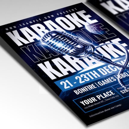 A customizable high-energy karaoke flyer for 2026 showcasing a vibrant midnight purple background and professional lighting graphics.