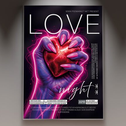 A professional Love Night 2026 Flyer PSD Template featuring 3D heart elements, cinematic pink lighting, and bold modern typography for a romantic club night.
