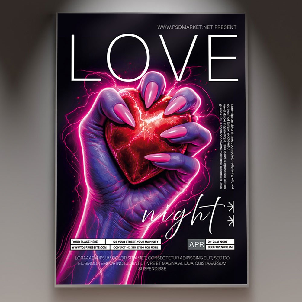 love_night_2026_flyer_psd_template_1 A professional Love Night 2026 Flyer PSD Template featuring 3D heart elements, cinematic pink lighting, and bold modern typography for a romantic club night.