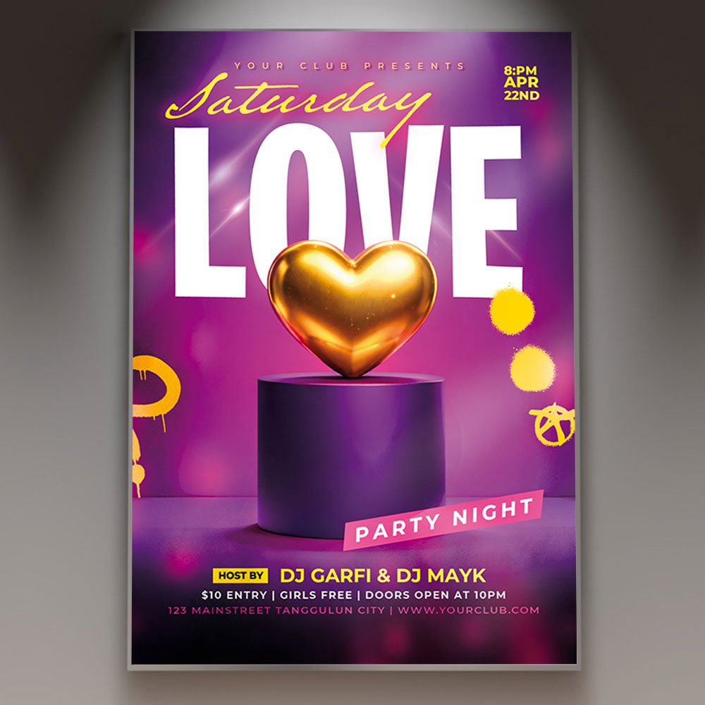love_saturday_flyer_psd_template_1 A professional Love Saturday Flyer PSD Template featuring 3D neon hearts, a passionate red and violet color palette, and bold modern typography for 2026.