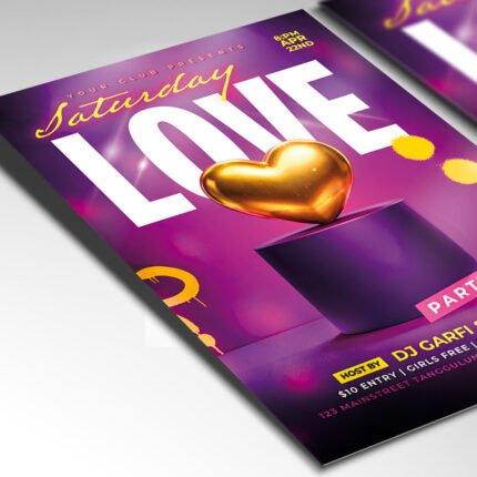 A customizable romantic Saturday night club flyer for 2026 showcasing high-definition light flares and elegant cinematic textures for music events.
