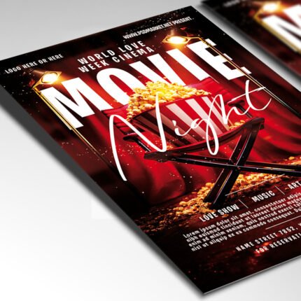 A customizable cinema event flyer for 2026 showcasing a sophisticated gold and midnight blue color palette with professional lighting effects.