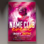 A professional Name Club Event Flyer PSD Template featuring a bold central branding nameplate, cinematic club lighting, and 3D textures for 2026.