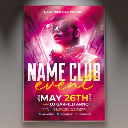 A professional Name Club Event Flyer PSD Template featuring a bold central branding nameplate, cinematic club lighting, and 3D textures for 2026.