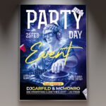 A professional Party Event Flyer PSD Template featuring dynamic 3D graphic elements, vibrant neon lighting, and modern typography for a nightclub bash.