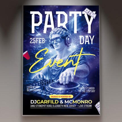 A professional Party Event Flyer PSD Template featuring dynamic 3D graphic elements, vibrant neon lighting, and modern typography for a nightclub bash.