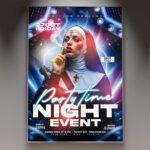 A professional Party Time Club Flyer PSD Template featuring 3D audio speakers, exploding confetti, and vibrant neon lighting effects for a nightclub event.