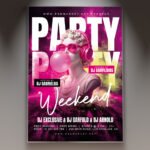 A professional Party Weekend Flyer PSD Template featuring 3D speakers, neon light trails, and bold modern typography for a nightclub event.