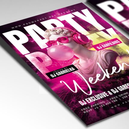 A customizable high-energy weekend party flyer showcasing a vibrant purple and electric blue color palette with high-quality club graphics.