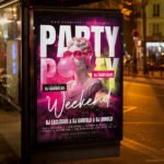 An eye-catching invitation template for a "Party Weekend" festival, featuring a sleek high-gloss layout and professional design for 2026 nightlife.
