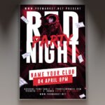 A professional Red Night Party Flyer PSD Template featuring intense crimson lighting, 3D party elements, and bold modern typography for a 2026 club night.