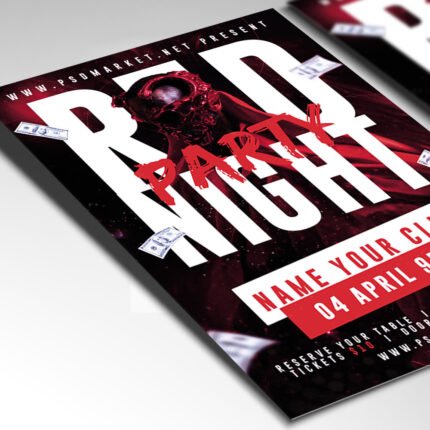 A customizable high-energy party invitation flyer showcasing a deep scarlet and black color palette with high-definition lighting effects.
