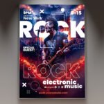 A professional Rock Event Flyer PSD Template featuring an electric guitar, grunge textures, and bold typography for a live concert.