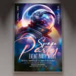 A professional Space Event Party Flyer Template featuring high-definition 3D planets, a glowing galaxy nebula, and futuristic neon typography for a 2026 club night.
