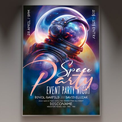 A professional Space Event Party Flyer Template featuring high-definition 3D planets, a glowing galaxy nebula, and futuristic neon typography for a 2026 club night.