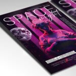 A customizable galactic event flyer showcasing a deep space aesthetic with glowing stars and professional neon light elements.