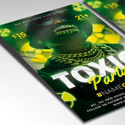 A customizable themed event flyer showcasing a high-contrast lime and obsidian color palette with professional-grade radioactive lighting effects.