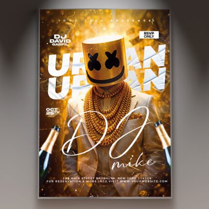 A professional Urban Party Flyer PSD Template featuring a gritty city background, spray-paint textures, and bold street-style typography.