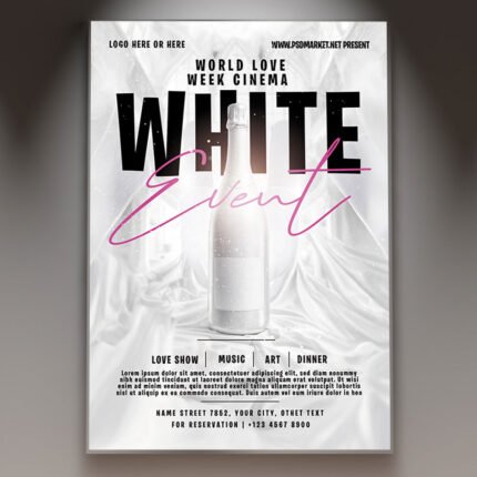 A professional White Event 2026 Flyer PSD Template featuring luxurious 3D abstract textures, ethereal white lighting, and sleek modern typography.