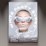 A professional White Party Event Night Flyer PSD Template featuring a sophisticated minimalist all-white design with elegant silver accents and cinematic lighting.