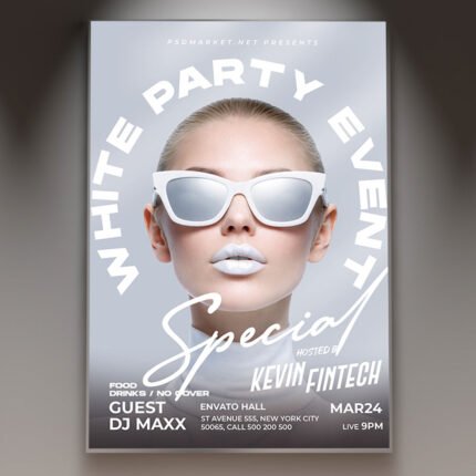 A professional White Party Event Night Flyer PSD Template featuring a sophisticated minimalist all-white design with elegant silver accents and cinematic lighting.